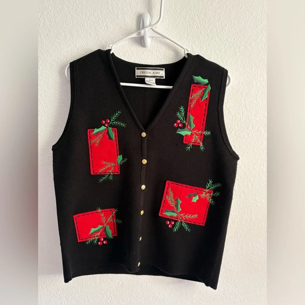 CRYSTAL-KOBE‎ VINTAGE HOLIDAY VEST W/HOLLY DETAILS - WOMENS SIZE LARGE
